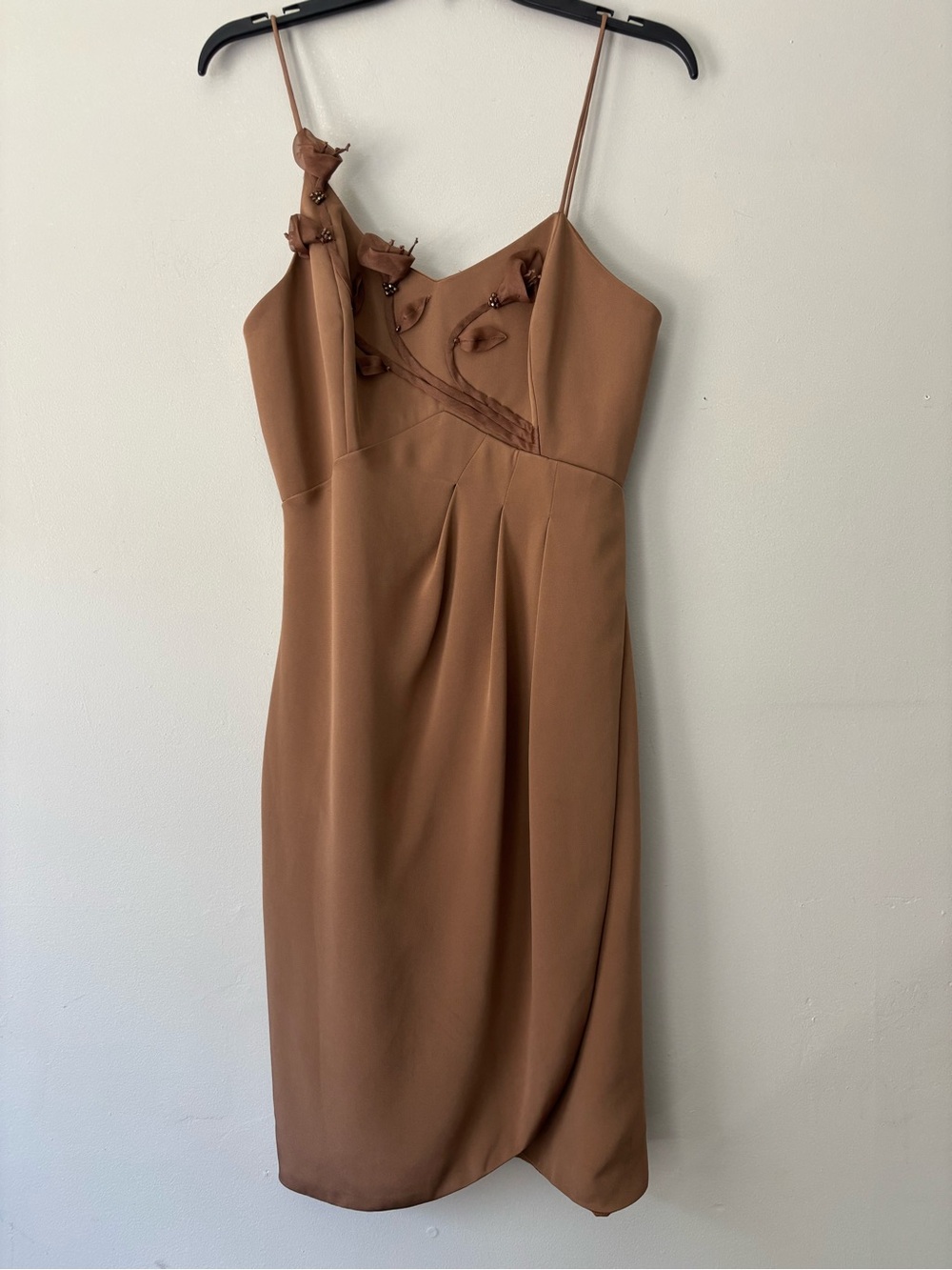 Y2K Caramel Brown Formal Silk Glam Beaded Fairy Wedding Guest Midi Dress Medium